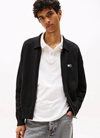 Tommy Jeans Fermuarlı Yaka Relaxed Düz Siyah Erkek Kazak DM0DM22106BDS TJM RLX TNL BADGE FZ