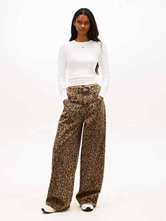 Tommy Hilfiger Charlie Orta Bel Bol Kesim Geniş Leopar Kadın Mavi Jeans DW0DW218331CE