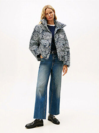 Tommy Hilfiger Tamamı Baskılı Kuş Tüyü Normal Kesim Kadın Mavi Ceket WW0WW474470ZV