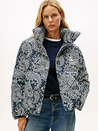 Tommy Hilfiger Tamamı Baskılı Kuş Tüyü Normal Kesim Kadın Mavi Ceket WW0WW474470ZV