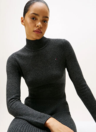 Tommy Hilfiger Dik Yaka Düz Gri Uzun Kadın Elbise WW0WW47303P4E