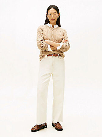 Tommy Hilfiger Yumuşak Yün Saç Örgülü Bisiklet Yaka Uzun Kollu Kadın Bej Kazak WW0WW43586ADM