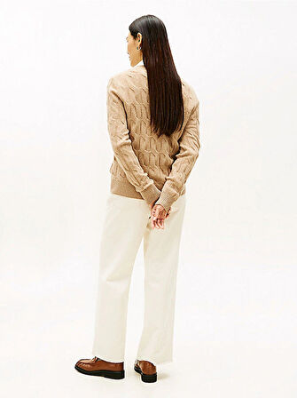 Tommy Hilfiger Yumuşak Yün Saç Örgülü Bisiklet Yaka Uzun Kollu Kadın Bej Kazak WW0WW43586ADM