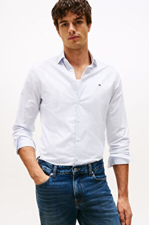 Erkek Slim Fit Çizgili Gömlek - Mavi/Beyaz | 38