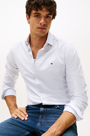 Erkek Slim Fit Çizgili Gömlek - Mavi/Beyaz | 38