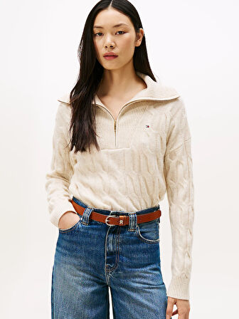 Tommy Hilfiger Yumuşak Yün Saç Örgülü Yarım Fermuarlı Uzun Kollu Kadın Kazak WW0WW46425ADK
