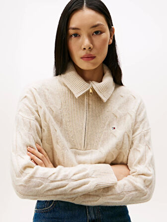 Tommy Hilfiger Yumuşak Yün Saç Örgülü Yarım Fermuarlı Uzun Kollu Kadın Kazak WW0WW46425ADK