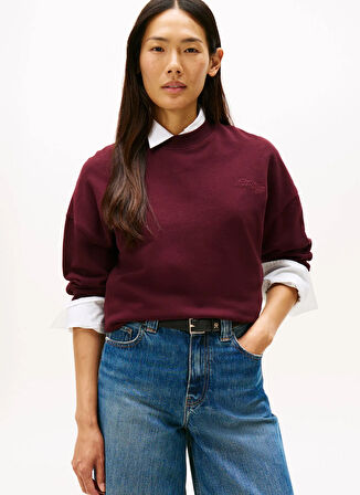 Tommy Hilfiger Yuvarlak Yaka Düz Bordo Kadın Sweatshırt WW0WW46125XIH