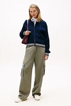 Kadın Regular Fit Çizgili Ribanalı Triko Bomber Ceket - Lacivert | XS