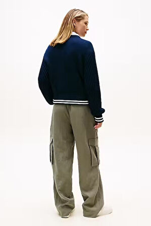 Kadın Regular Fit Çizgili Ribanalı Triko Bomber Ceket - Lacivert | XS