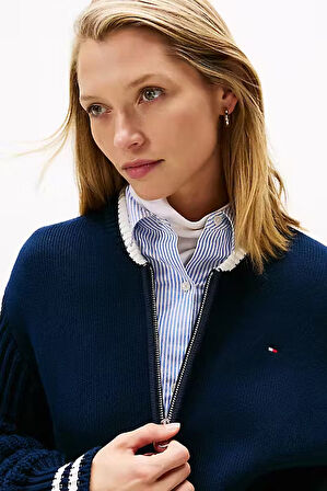 Kadın Regular Fit Çizgili Ribanalı Triko Bomber Ceket - Lacivert | XS