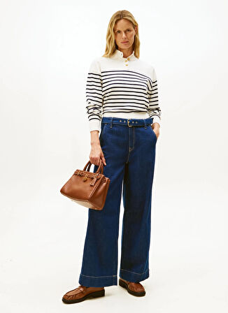 Tommy Hilfiger Dik Yaka Standart Çizgili Mavi Kazak Kadın WW0WW474670X2