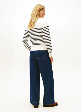 Tommy Hilfiger Dik Yaka Standart Çizgili Mavi Kazak Kadın WW0WW474670X2