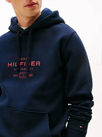 TOMMY HILFIGER Erkek Marka Logolu Kapüşonlu  Organik Pamuklu Kanguru Ceplli Günlük Kullanıma Uygun Lacivert Sweatshirt MW0MW40864 DW5