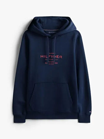 TOMMY HILFIGER Erkek Marka Logolu Kapüşonlu  Organik Pamuklu Kanguru Ceplli Günlük Kullanıma Uygun Lacivert Sweatshirt MW0MW40864 DW5