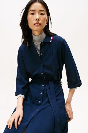 Kadın Regular Fit Polo Yaka Düğmeli Midi Elbise - Lacivert | XS