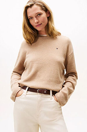 Kadın Soft Wool Relaxed Fit Düşük Omuz Kazak - Bej | L