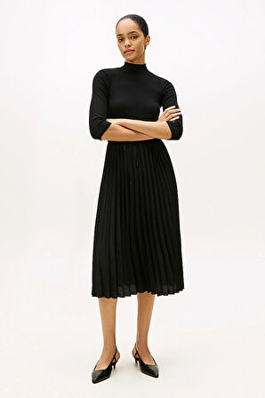 Kadın Fitilli Beli Büzgülü Eteği Piliseli Midi Elbise - Siyah | XS