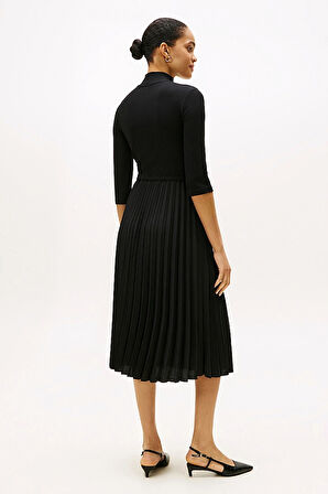 Kadın Fitilli Beli Büzgülü Eteği Piliseli Midi Elbise - Siyah | XS