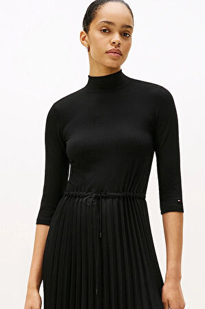 Kadın Fitilli Beli Büzgülü Eteği Piliseli Midi Elbise - Siyah | XS