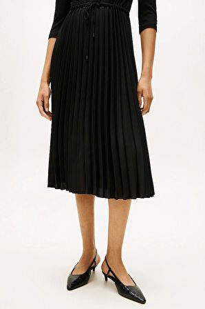 Kadın Fitilli Beli Büzgülü Eteği Piliseli Midi Elbise - Siyah | XS