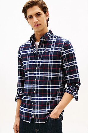 Erkek Brushed Oxford Check Regular Fit Ekose Gömlek - Lacivert/Çok Renkli | S