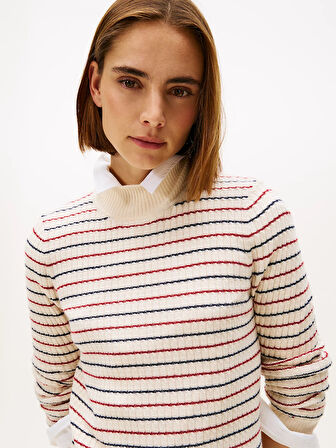 Tommy Hilfiger Yün Kaşmir Karışımlı Saç Örgülü Yarım Balıkçı Yaka Uzun Kollu Kadın Beyaz Elbise WW0WW464300FH