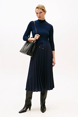 Kadın Fitilli Beli Büzgülü Eteği Piliseli Midi Elbise - Lacivert | M