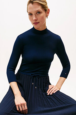 Kadın Fitilli Beli Büzgülü Eteği Piliseli Midi Elbise - Lacivert | M