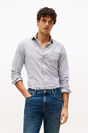 Erkek Slim Fit Çizgili Gömlek - Lacivert/Beyaz | 42