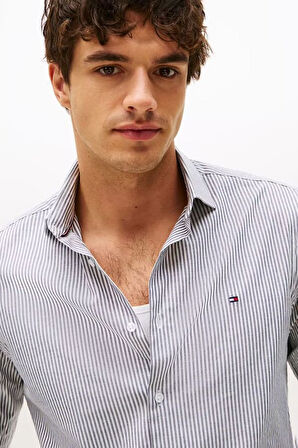 Erkek Slim Fit Çizgili Gömlek - Lacivert/Beyaz | 44