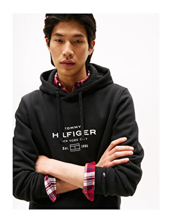 TOMMY HILFIGER Erkek Marka Logolu Kapüşonlu  Organik Pamuklu Kanguru Ceplli Günlük Kullanıma Uygun Siyah Sweatshirt MW0MW40864 BDS