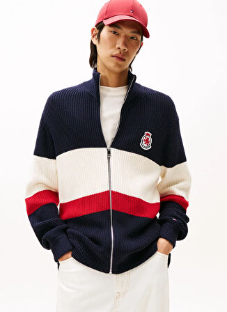 Tommy Hilfiger Bisiklet Yaka Normal Mavi Erkek Kazak MW0MW41396DW5_RWB RIB CHEST STRIPE