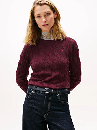 Tommy Hilfiger Yumuşak Yün Saç Örgülü Bisiklet Yaka Uzun Kollu Kadın Kırmızı Kazak WW0WW43586XIH