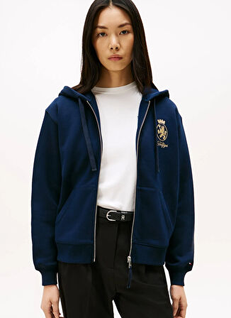 Tommy Hilfiger Kapüşon Yaka Nakışlı Mavi Kadın Sweatshırt WW0WW46126C1G