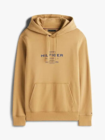 TOMMY HILFIGER Erkek Marka Logolu Kapüşonlu  Organik Pamuklu Kanguru Ceplli Günlük Kullanıma Uygun Açık Kahverengi Sweatshirt MW0MW40864 GV7
