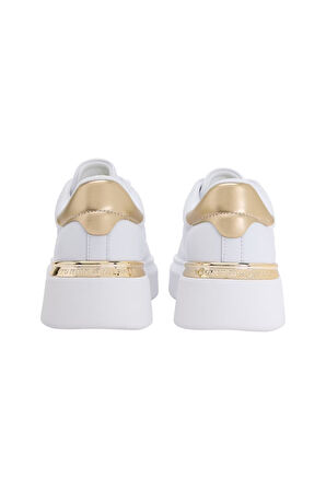 Kadın Metalik Detaylı Platform Tabanlı Sneaker - Beyaz/Gold | 36