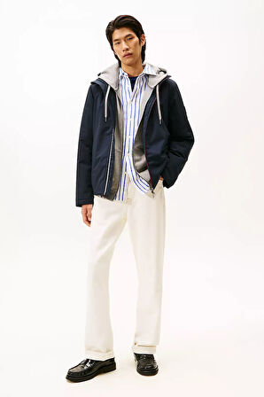 Erkek Regular Fit Fermuarı Şerit Detaylı Kapüşonlu Mont - Lacivert | XS