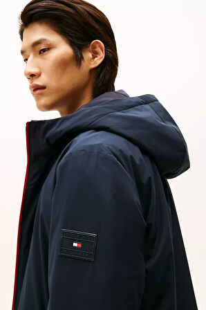 Erkek Regular Fit Fermuarı Şerit Detaylı Kapüşonlu Mont - Lacivert | XS