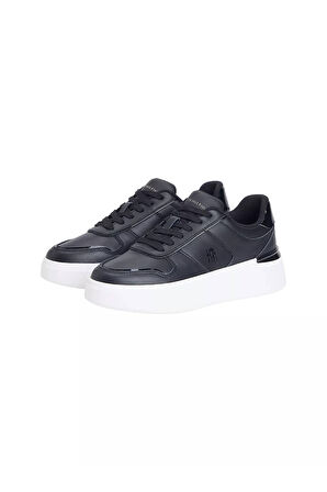 Kadın Rugan Detaylı Platform Tabanlı Kort Sneaker - Siyah | 36