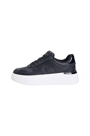 Kadın Rugan Detaylı Platform Tabanlı Kort Sneaker - Siyah | 36