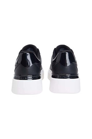 Kadın Rugan Detaylı Platform Tabanlı Kort Sneaker - Siyah | 36