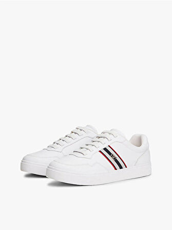 Tommy Hilfiger TH Dokuma Şeritli Düz Taban Kadın Beyaz Sneaker FW0FW09001YBS