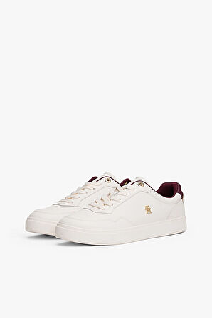 Kadın TH Monogram Plaque Court Sneakers - Beyaz/Bordo | 36