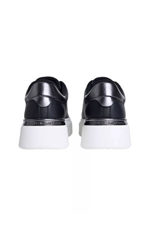 Kadın Metalik Detaylı Platform Tabanlı Kort Sneaker - Siyah | 37