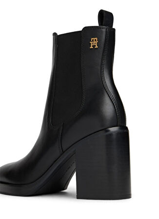 Siyah Deri  Kadın Topuklu Bot