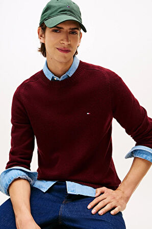 Erkek Regular Fit Kuzu Yünü Bisiklet Yaka Kazak - Bordo | M