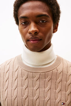 Erkek Bisiklet Yaka Saç Örgüsü Pamuklu Triko Kazak - Bej | S