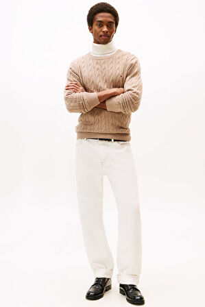 Erkek Bisiklet Yaka Saç Örgüsü Pamuklu Triko Kazak - Bej | M