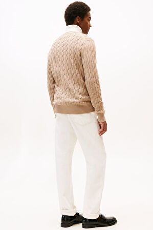 Erkek Bisiklet Yaka Saç Örgüsü Pamuklu Triko Kazak - Bej | M